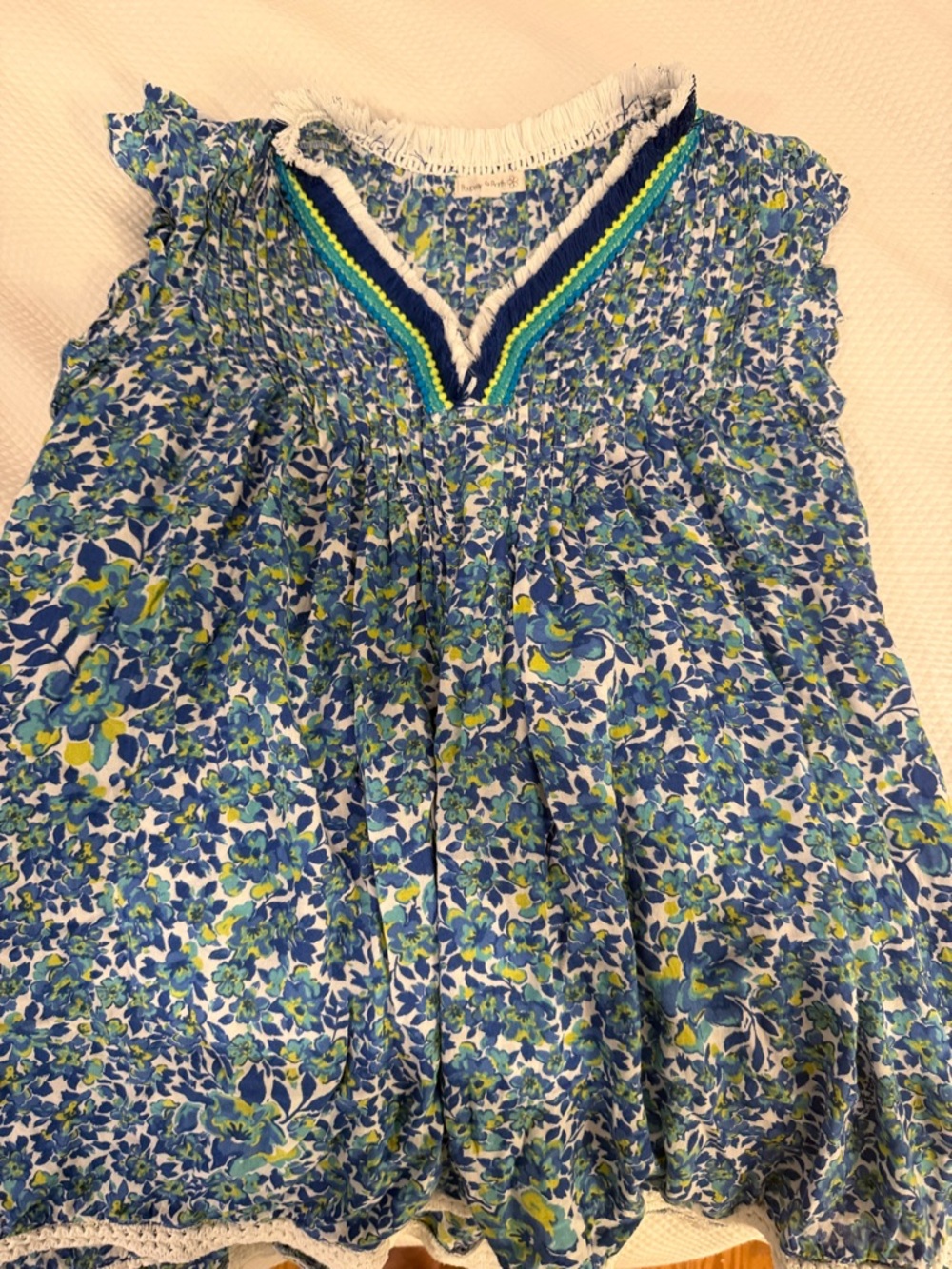 Girls Poupette St Barts Blue & Green Floral V-Neck Boho Dress